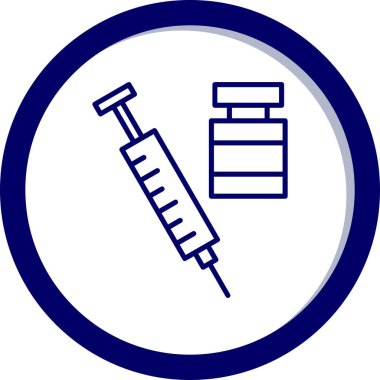 Tıbbi şırınga ikonu. Taslak tarzı. Yuvarlak sembollü düz çizim, aşı ve diğer öğeler.