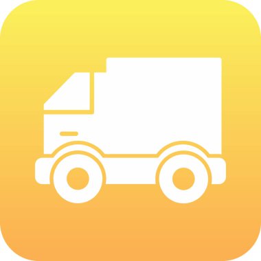 Kamyon vektör simgesi. stil düz yuvarlak kare düğmedir, sarı ve gri, beyaz arkaplan