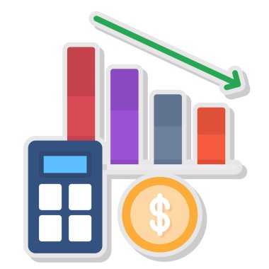 Dolar işareti ve sikke ikonu vektörlü hesap makinesi. Hesap makinesi işaretli para ve para. finansal büyüme grafiği gösterimi