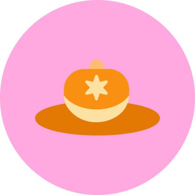 Üzerinde turuncu yıldız olan turuncu ve pembe yuvarlak şapkalı bir vektör.