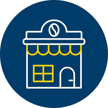 dükkan simgesi. Vektör düz biçimi yuvarlak sembol, sarı ve yuvarlak açılar, beyaz arkaplan.