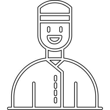 Beyaz arka planda eşarp ve şapkalı mutlu adam, çizgi çizimi, vektör çizimi