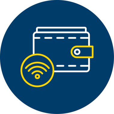 Kredi kartı vektör simgesi. Bu yuvarlak düz sembol beyaz arkaplanda sarı ve mavi renklerle çizilir.