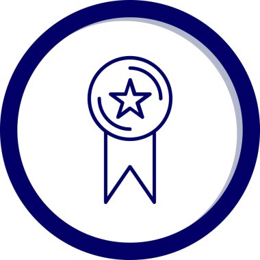 Ödül madalyası ikonu. biçim iki renk düz daire içine alınmış sembol, kobalt ve gri renkler, yuvarlak açılar, beyaz arkaplan