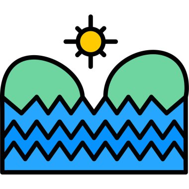 Sahil yaz güneşi simgesi dolgulu ana hatlarıyla