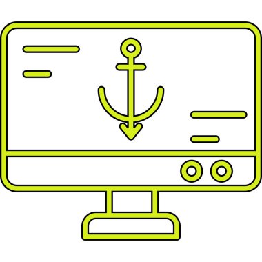 Çapa ikonlu bilgisayar monitörü. Beyaz arkaplanda izole edilmiş web tasarımı için bir ekran vektör simgesine sahip ana hat bilgisayarı