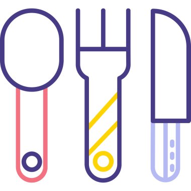 Mutfak kepçesi simgesi beyaz arkaplanda izole edilmiş. Çatal bıçak takımı. Çatal kaşık tabelası. Renkli taslak konsepti. vektör