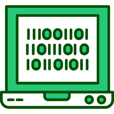 İkili kod ikonlu bilgisayar monitörü. Bilgisayar veri göstergesi işaretinin vektör illüstrasyonu. izole kontur sembolü