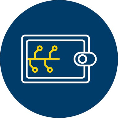 Devre kartı vektör simgesi. biçim düz yuvarlak daire simgesi, sarı ve mavi renkler, beyaz arkaplan