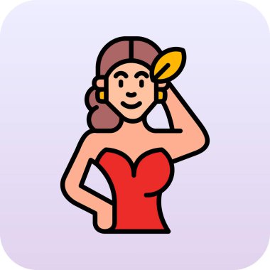 Kırmızı saçlı, kırmızı rujlu, kırmızı elbiseli ve büyük kalpli tatlı bir kadının vektör çizgi film karakteri. vektör illüstrasyonu