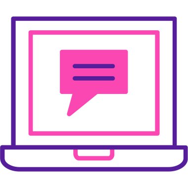 Mesaj baloncuğu simgesi olan dizüstü bilgisayar. Web için sohbet ileti vektör simgesinin özet çizimi