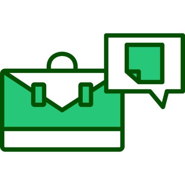 Beyaz arkaplanda yeşil evrak çantası ve konuşma balonu simgesi izole edildi. İş sözleşmesi. İş portföyü. vektör illüstrasyonu