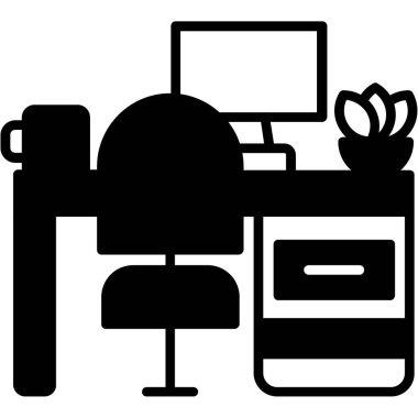 Bilgisayar simgesi olan ofis masası, basit vektör illüstrasyonu