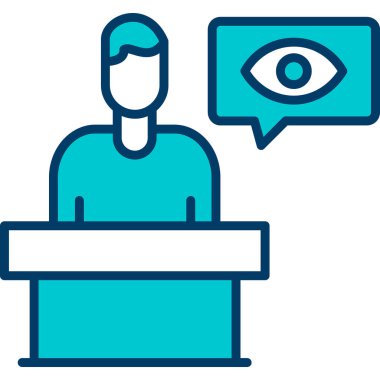 Dizüstü bilgisayarı ve mikrofon ikonu olan bir adamın vektör çizimi