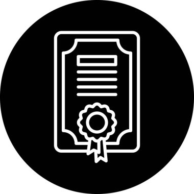 Sertifika sembolü. bu yuvarlak düz sembol beyaz arkaplan üzerinde yoğun renk ve siyah renklerle çizilir.