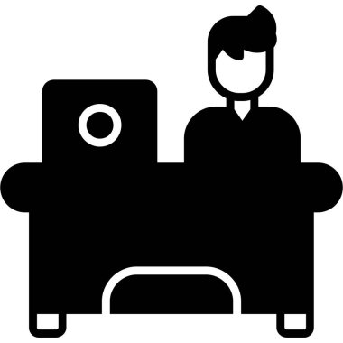 Diz üstü bilgisayar simgesi üzerinde çalışan iş adamı