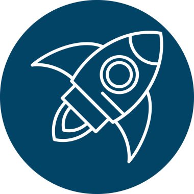 Roket ikonu. vektör biçimi düz ikonik sembol, yuvarlak açılar, mavi renk, beyaz arkaplan.