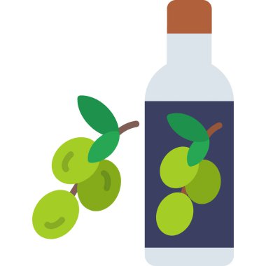 Yeşil yapraklı bir şişe zeytin, zeytin yağı, vektör illüstrasyon.