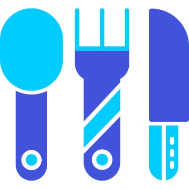 Beyaz arkaplanda mavi çapraz kaşık ve çatal simgesi var. Çatal bıçak seti. Çatal bıçak seti. Renk simgelerini daire düğmelerine ayır. vektör illüstrasyonu.