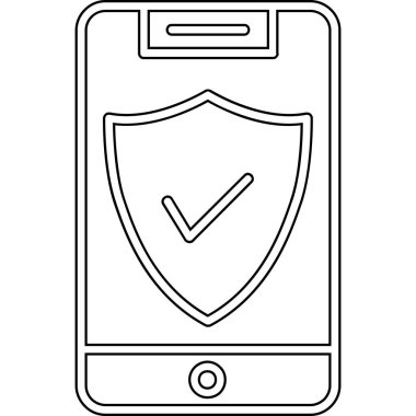 Mobil güvenlik kalkanı simgesi. Beyaz arkaplanda izole edilmiş web tasarımı için akıllı telefon koruma vektör simgesi