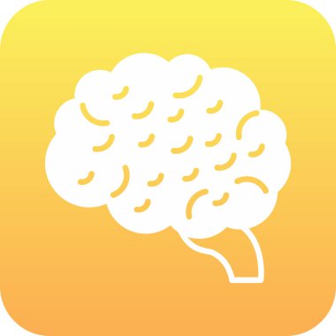 Beyin ikonu. Bu düz yuvarlak kare düğme sarı renk ve yuvarlak açılar kullanır ve beyaz bir arkaplanda izole edilir