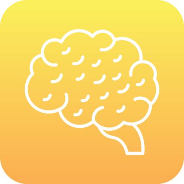 Beyin ikonu. Vektör biçimi düz ve sarı renkler, yuvarlak açılar, beyaz arkaplan üzerindeki düğme