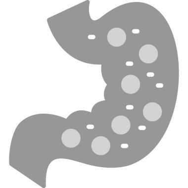 Mide ikonu. Vektör illüstrasyon biçimi düz ikonik sembol, gri renk, gri arkaplan. Web ve yazılım arayüzleri için dizayn edildi.