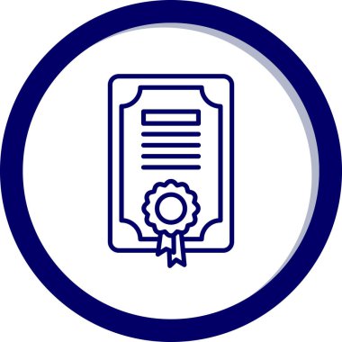 Sertifika vektör simgesi. biçim düz yuvarlak simge sembolü, mavi renk, yuvarlak açılar, beyaz arkaplan.