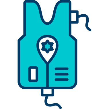 Beyaz arka planda mavi kan torbası ve çapraz çizgi resim ikonu var. Kan torbası işareti. Sembol ve tıbbi işaret vektör çizimi. Renkli tasarım