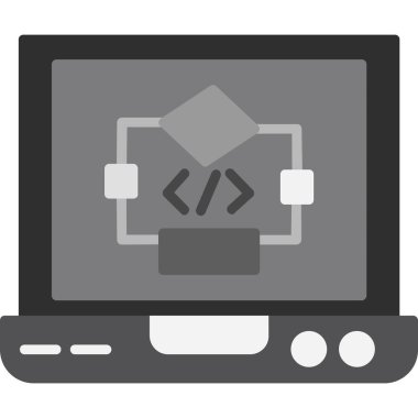 Dizüstü bilgisayarı ve web simgesi olan bilgisayar, basit vektör illüstrasyonu, monitörlü bilgisayar