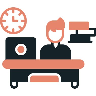 Vektör çizimi. Ofisinde dizüstü bilgisayarı ve bilgisayarı olan bir iş adamı..