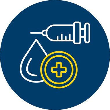 Tıbbi şişe vektör ikonu. iki renkli düz sembol, sarı ve mavi renkler, yuvarlak açılar, beyaz arkaplan.