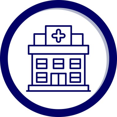 Hastane Binası vektör simgesi. Stil iki renkli düz daireli sembol, kobalt ve gri renkler, yuvarlak açıları, beyaz arka plan