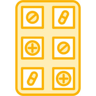 Tıbbi tabletler ikon vektörü. biçim düz sembol, sarı renk, yuvarlak açılar, beyaz arkaplan