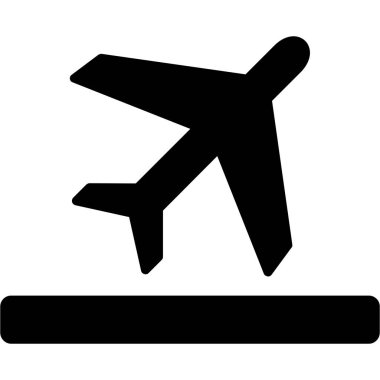 Havaalanı uçak ikonu. Vektör illüstrasyonu yuvarlak siyah arkaplan ve beyaz arkaplan ile düz ikonik semboldür.