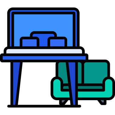 Koltuk simgesi olan dizüstü bilgisayar. Web için sandalye vektör simgesi olan dizüstü bilgisayarın özet çizimi