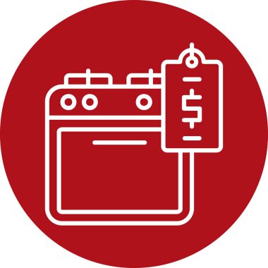 Banka makinesi simgesi. Vektör illüstrasyonu çift renkli düz sembol, kırmızı ve beyaz renkler, beyaz arkaplanda yuvarlak açılardır.