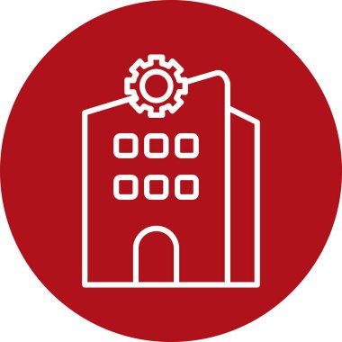 Fabrika vektör simgesi. biçim düz daire içine alınmış sembol, kırmızı renk, yuvarlak açılar, beyaz arkaplan