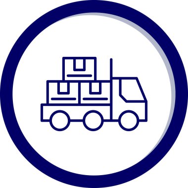 kargo kamyonu ikonu. Çizim biçimi yuvarlak açılar, kobalt rengi, beyaz arkaplan içindeki düz vektör sembolüdür..