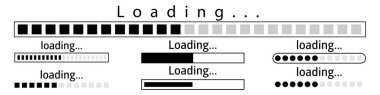 Simgeleri yükleyen vektör kümesi. Çubuk işlem simgesi yükleniyor. İndirme işlemi sürüyor. Koleksiyon Yükleme durumu. Vektör illüstrasyonu
