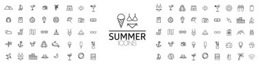 Yaz, tatil, sahil unsurları - en az ince çizgi ağ simgesi seti. Seyahat tatil vektör simgeleri ayarlandı. Vektör illüstrasyonu