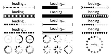 Simgeleri yükleyen vektör kümesi. Çubuk işlem simgesi yükleniyor. İndirme işlemi sürüyor. Koleksiyon Yükleme durumu. Vektör illüstrasyonu