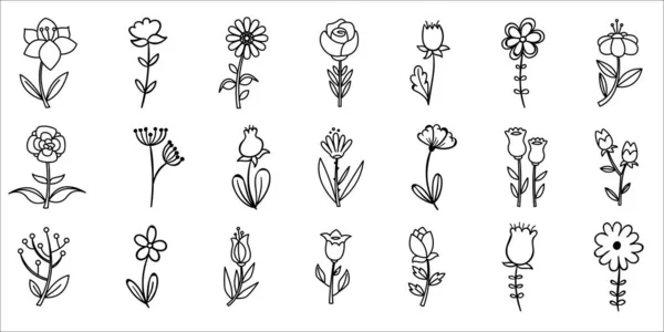 花のアイコンセット 透明な背景に孤立した花 現代のシンプルな花 かわいい丸い花の植物の自然コレクション手描きの花のセット ベクターイラスト — ストックベクタ