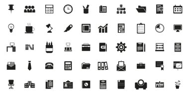 Hat Ofisi Simgeleri. Ofis simgesi ayarlandı. İçinde evrak çantası, masa, bilgisayar, toplantı, çalışan, program ve iş arkadaşı sembolü var. Vektör illüstrasyonu