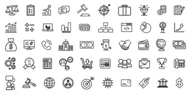 Para, banka, çek. İş ve finans web simgesi seti - minimal ince çizgi web simgesi seti. Taslak simge koleksiyonu. Vektör illüstrasyonu