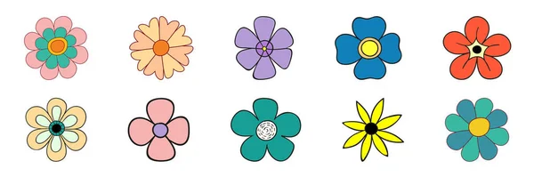 Zole Edilmiş Retro Çiçekleri Seti Farklı Papatya Çiçekleriyle Retro Seti — Stok Vektör
