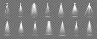 Parlak ışıklandırma projektörlerinin yaratıcı vektör çizimi, şeffaf arkaplanda izole ışık kaynakları. Sahnenin ışıklandırması. Vektör illüstrasyonu