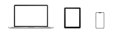 Diz üstü bilgisayar, tablet, şeffaf arkaplanlı telefon, şeffaf ekran. Aygıt ekranı - laptop akıllı telefon tablet bilgisayar monitörü. Vektör illüstrasyonu