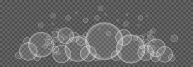 Şeffaf arka planda sabun köpüğü ve kabarcıklar. Soyut köpük, su kabarcıkları, şeffaf arka planda izole edilmiş. Vektör illüstrasyonu