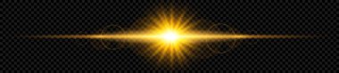Şeffaf güneş ışığı özel mercekleri ışıldar. Parlak ışık efekti ışınlar ve altın ışıkla parlar. Vektör illüstrasyonu